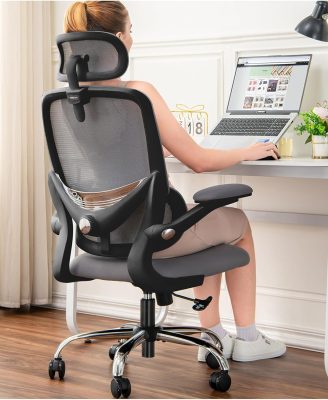 Ergonomic Home Office Chair with Mesh High Back, Adjustable Lumbar Support, Flip-up Armrest, Removable Headrest, Swivel Wheel, Space Saving, 330LBS (Black+Grey)