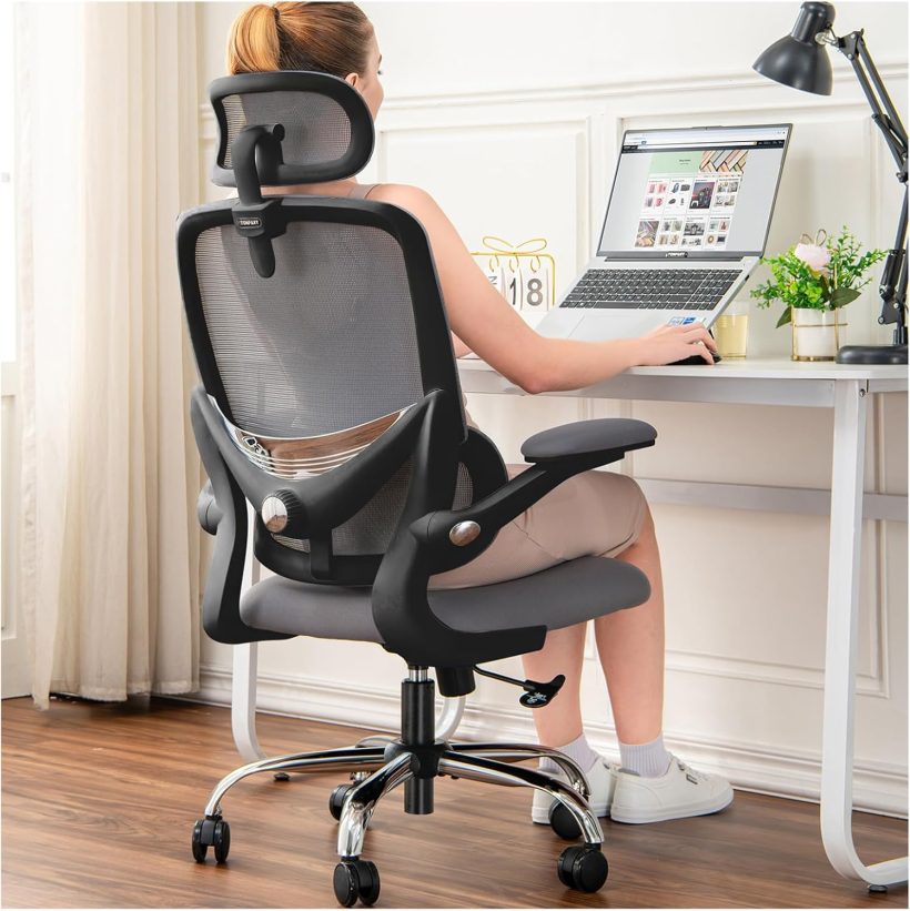 Ergonomic Home Office Chair with Mesh High Back, Adjustable Lumbar Support, Flip-up Armrest, Removable Headrest, Swivel Wheel, Space Saving, 330LBS (Black+Grey)