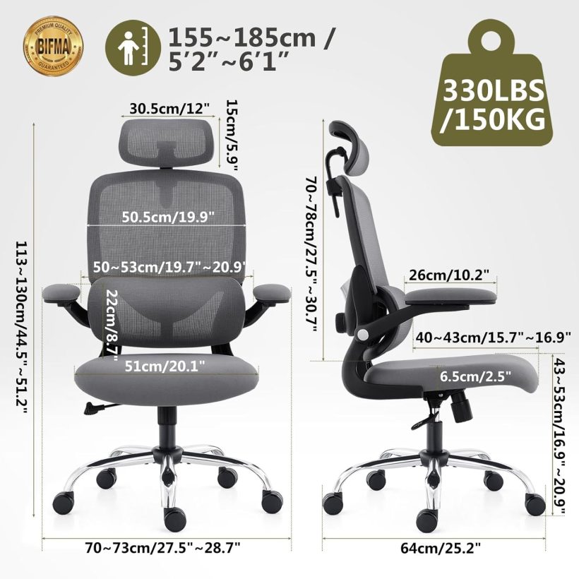 Ergonomic Home Office Chair with Mesh High Back, Adjustable Lumbar Support, Flip-up Armrest, Removable Headrest, Swivel Wheel, Space Saving, 330LBS (Black+Grey) - Image 2