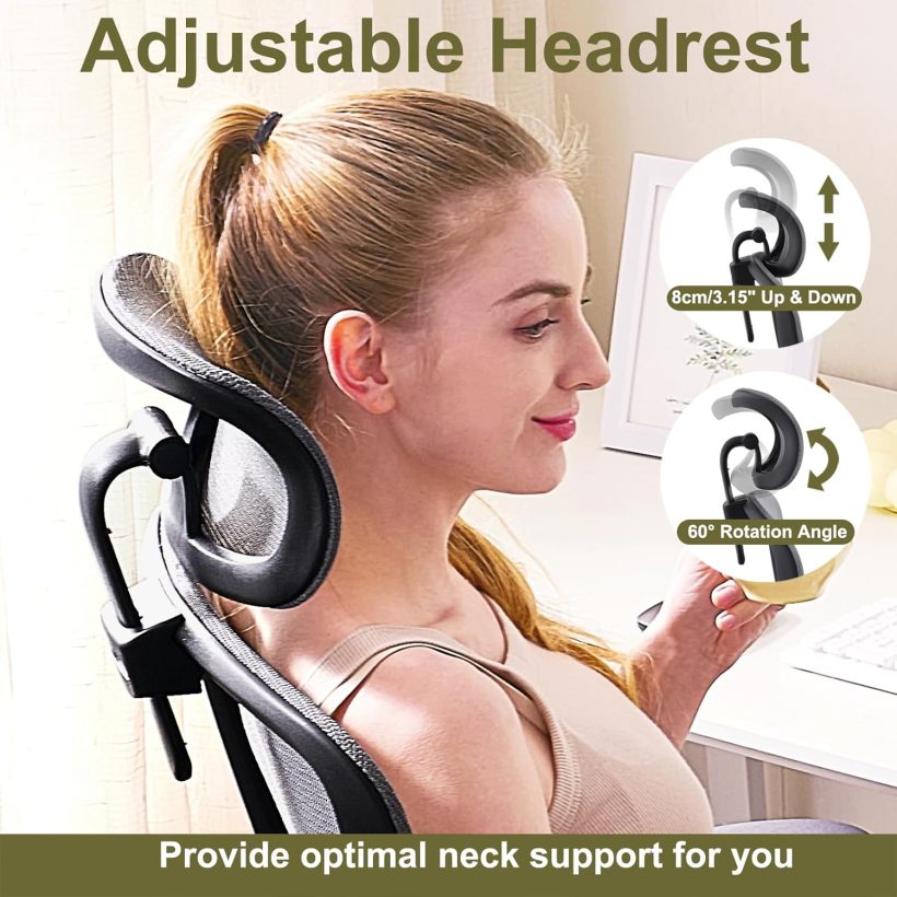 Ergonomic Home Office Chair with Mesh High Back, Adjustable Lumbar Support, Flip-up Armrest, Removable Headrest, Swivel Wheel, Space Saving, 330LBS (Black+Grey) - Image 6