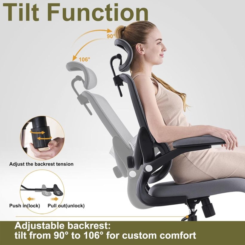 Ergonomic Home Office Chair with Mesh High Back, Adjustable Lumbar Support, Flip-up Armrest, Removable Headrest, Swivel Wheel, Space Saving, 330LBS (Black+Grey) - Image 7