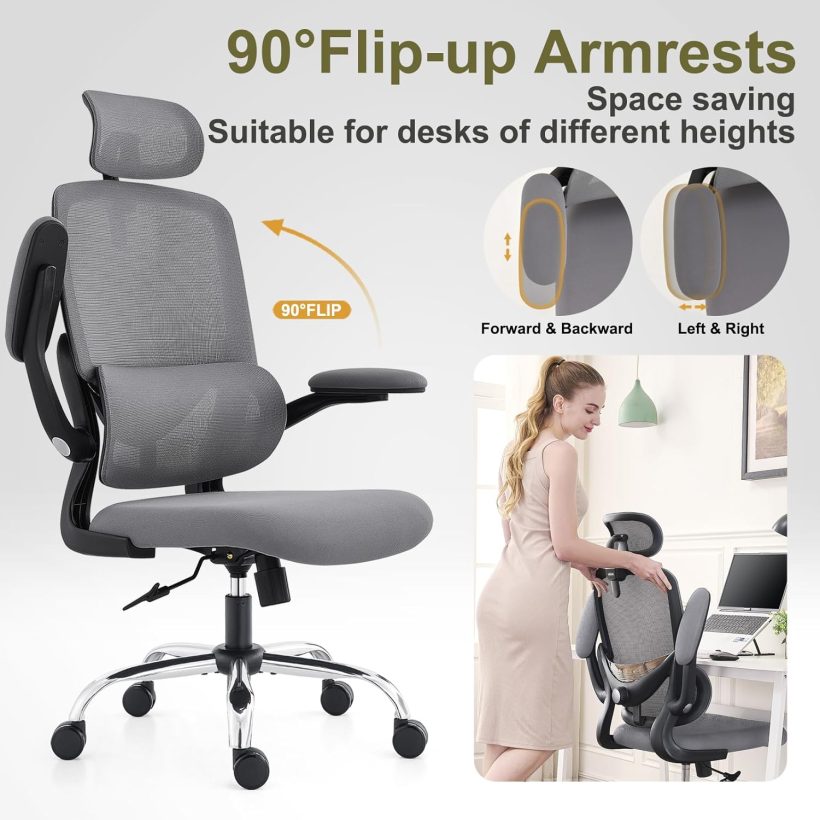 Ergonomic Home Office Chair with Mesh High Back, Adjustable Lumbar Support, Flip-up Armrest, Removable Headrest, Swivel Wheel, Space Saving, 330LBS (Black+Grey) - Image 8