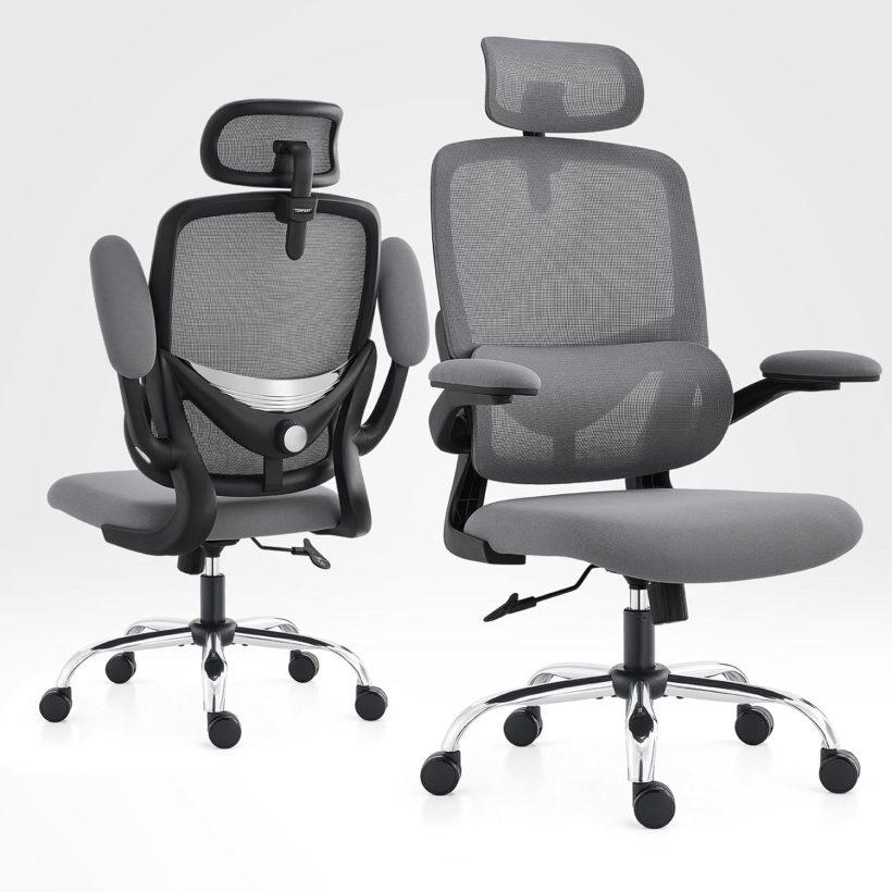Ergonomic Home Office Chair with Mesh High Back, Adjustable Lumbar Support, Flip-up Armrest, Removable Headrest, Swivel Wheel, Space Saving, 330LBS (Black+Grey) - Image 9