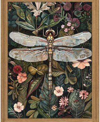 Framed Vintage 3D Textured Wall Art - Dark Green Dragonfly Flowers Wall Decor - Hand Drawn Sandstone Nature Botanical Pictures for Living Room Bedroom Home Decor 12x16in