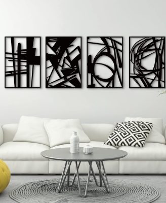 4 Pack Black Abstract Metal Wall Art, Minimalist Décor Single Line Art Wall Décor, 3D Textured Metal Wall Sculptures, for Living Room Bedroom Bathroom Study Room (Black Abstract, M Size 16 x 11'')